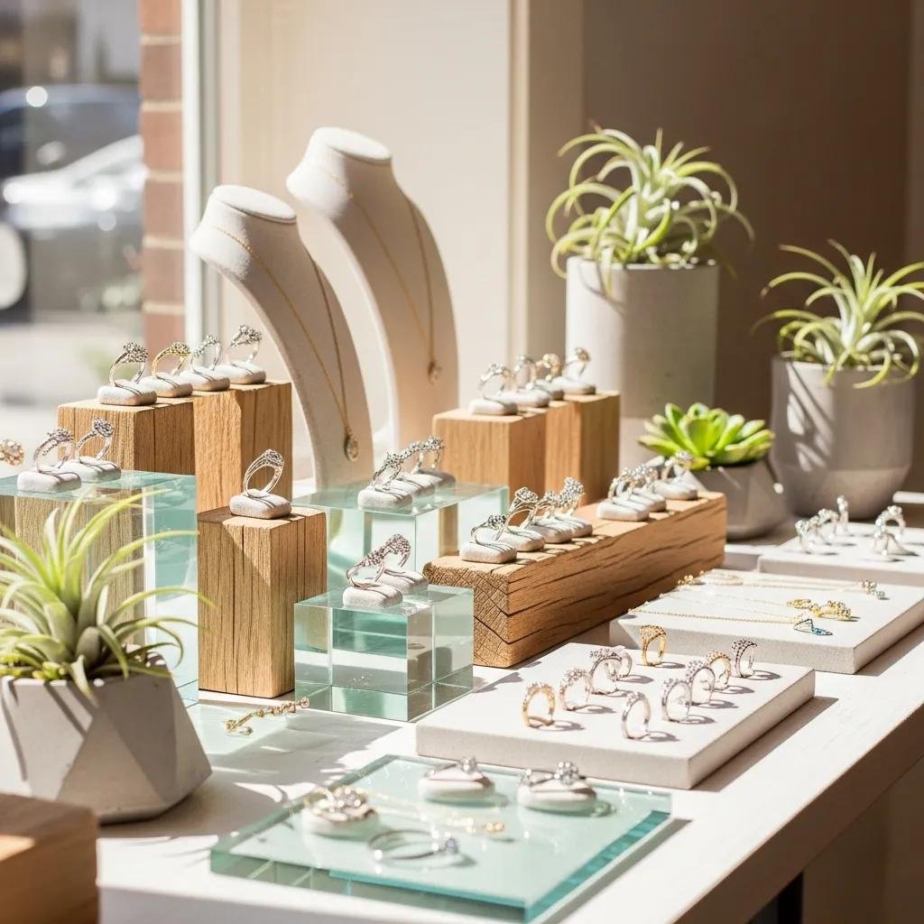 Ethically sourced jewelry display showcasing rings, necklaces, and bracelets made from recycled materials and lab-grown diamonds