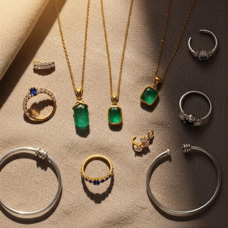 Ethically sourced jewelry pieces displayed on a soft fabric background, emphasizing luxury and sustainability