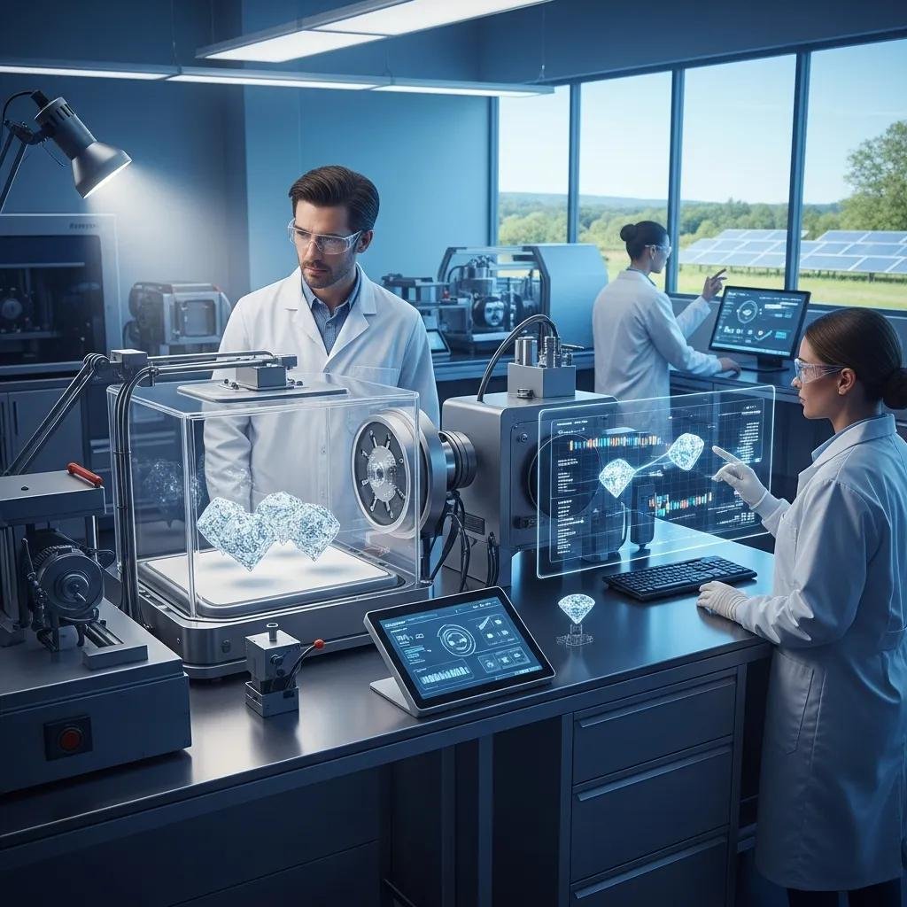 Illustration of ethical sourcing in lab grown diamond production in a clean lab environment