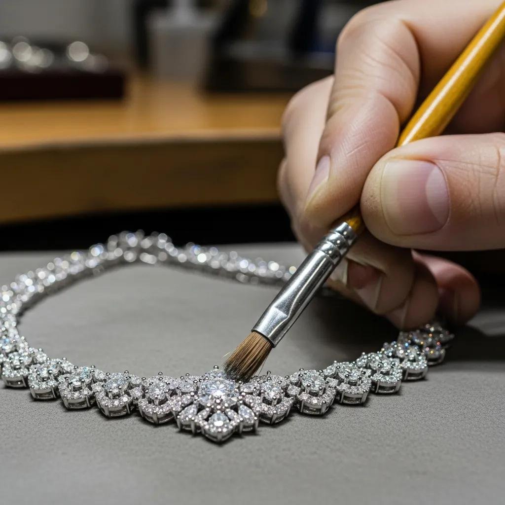 Jeweler cleaning a lab grown diamond necklace to preserve its value