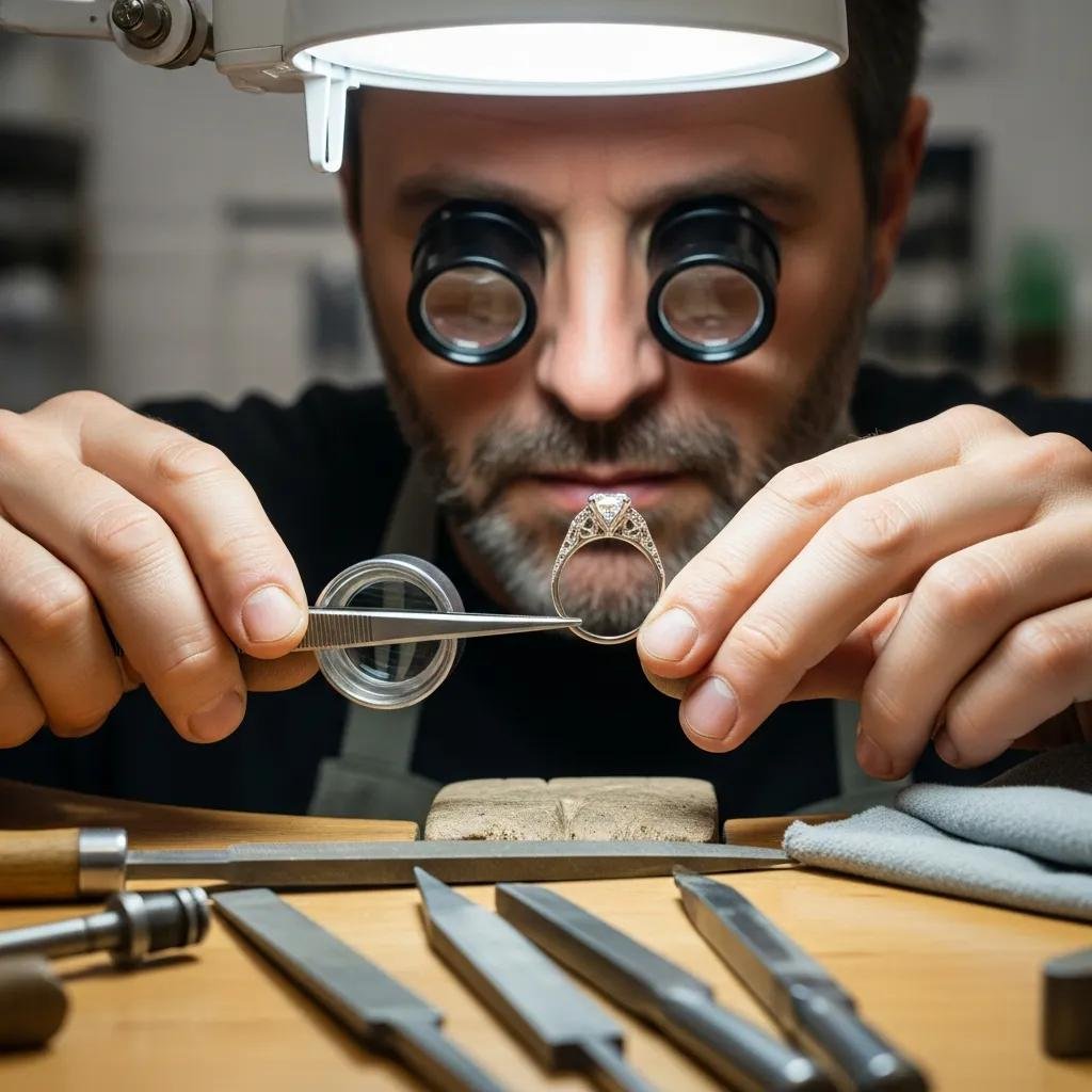 Jeweler inspecting a lab-grown diamond engagement ring with a magnifying glass