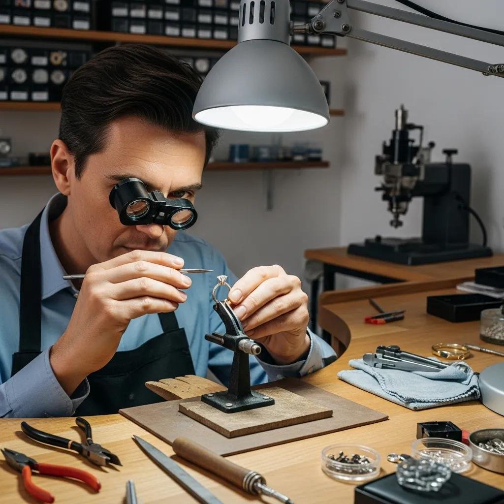 Jeweler inspecting a lab-grown diamond ring under magnification, highlighting the importance of professional care