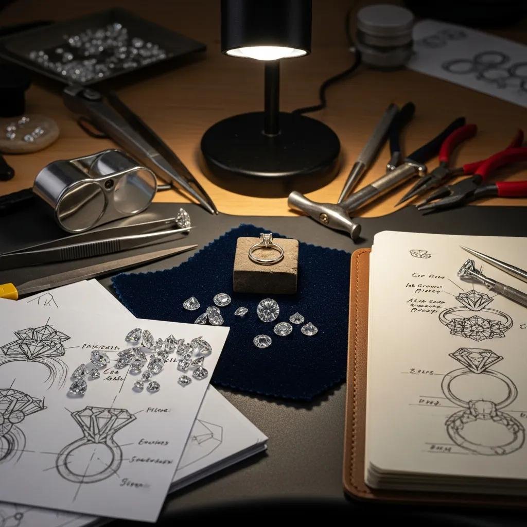 Jeweler's workspace with tools and materials for customizing lab grown diamond engagement rings