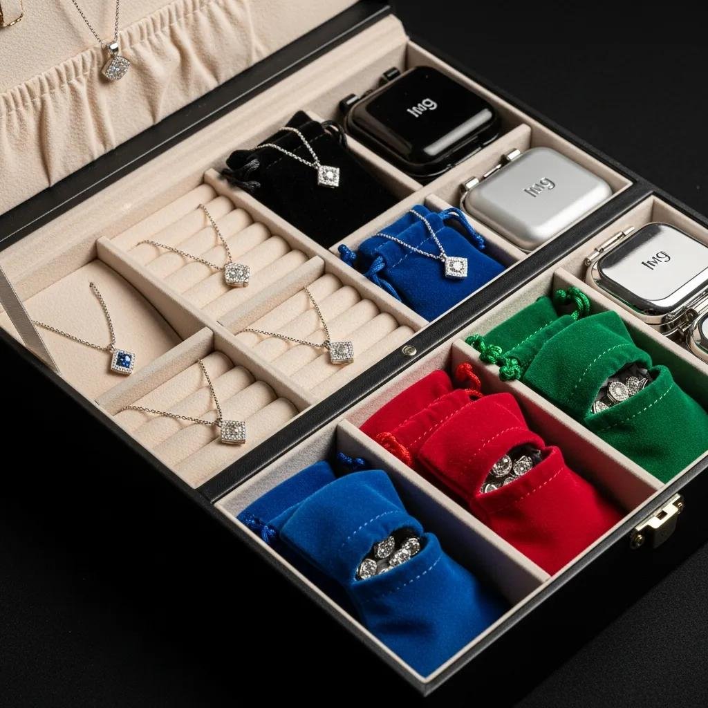 Jewelry box with compartments showcasing lab-grown diamond necklaces and storage solutions