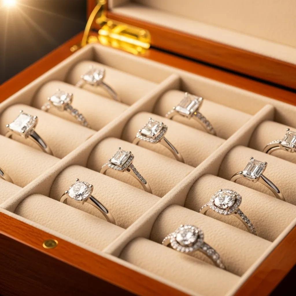 Jewelry box with lab grown diamond rings stored safely in compartments