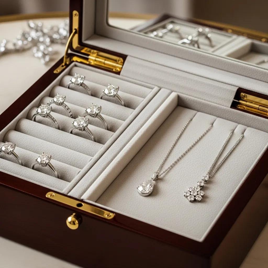 Jewelry box with organized diamond jewelry, illustrating proper storage practices to prevent damage