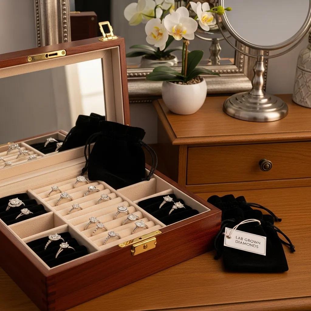 Jewelry box with organized lab grown diamond rings in soft pouches