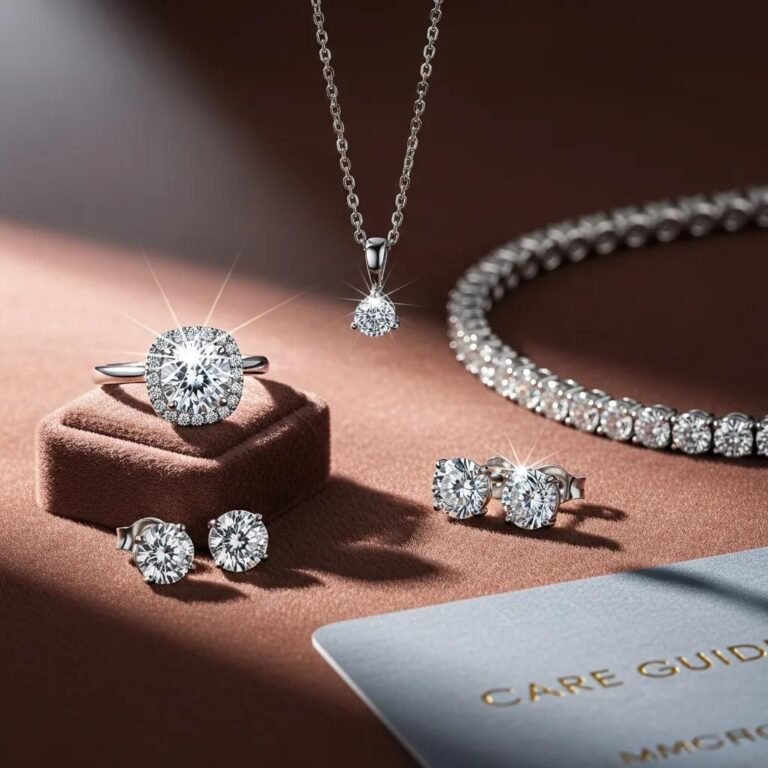 Lab Diamond Care Tips for Longevity 1 Lab diamond jewelry display showcasing rings, necklaces, and earrings emphasizing care and maintenance