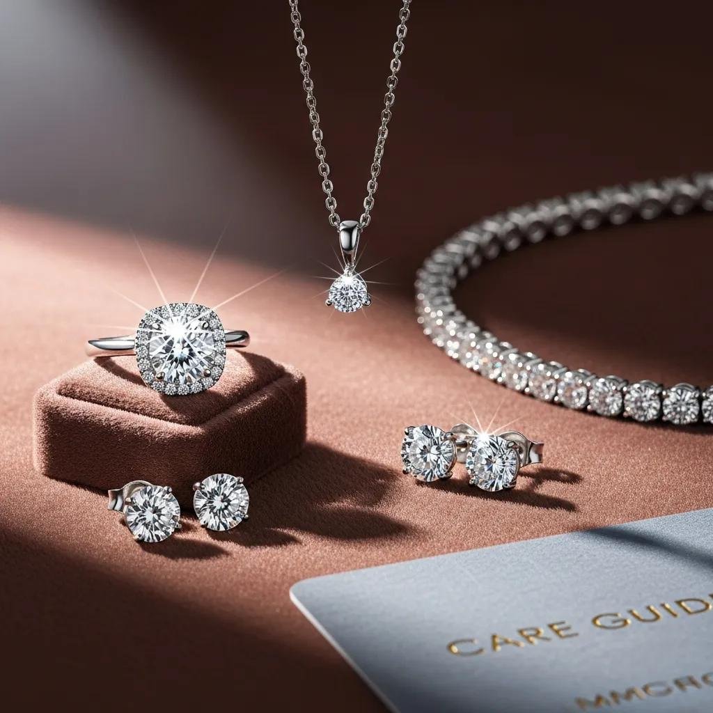 Lab diamond jewelry display showcasing rings, necklaces, and earrings emphasizing care and maintenance