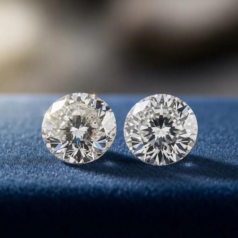 Lab-grown diamond and natural diamond comparison on a velvet surface