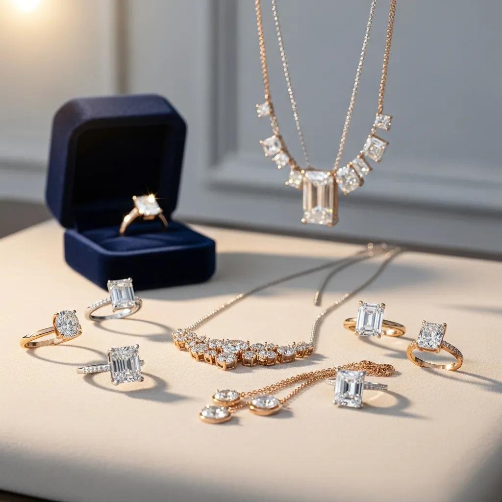Lab-grown diamond jewelry display emphasizing care and maintenance