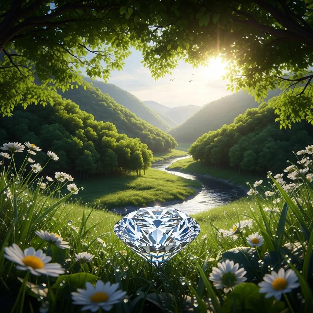Lab-grown diamond sparkling in a lush green landscape, symbolizing environmental sustainability and ethical sourcing