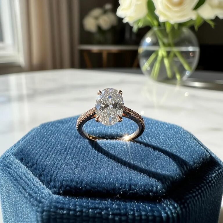 Lab-grown engagement ring on velvet, showcasing its brilliance and elegance