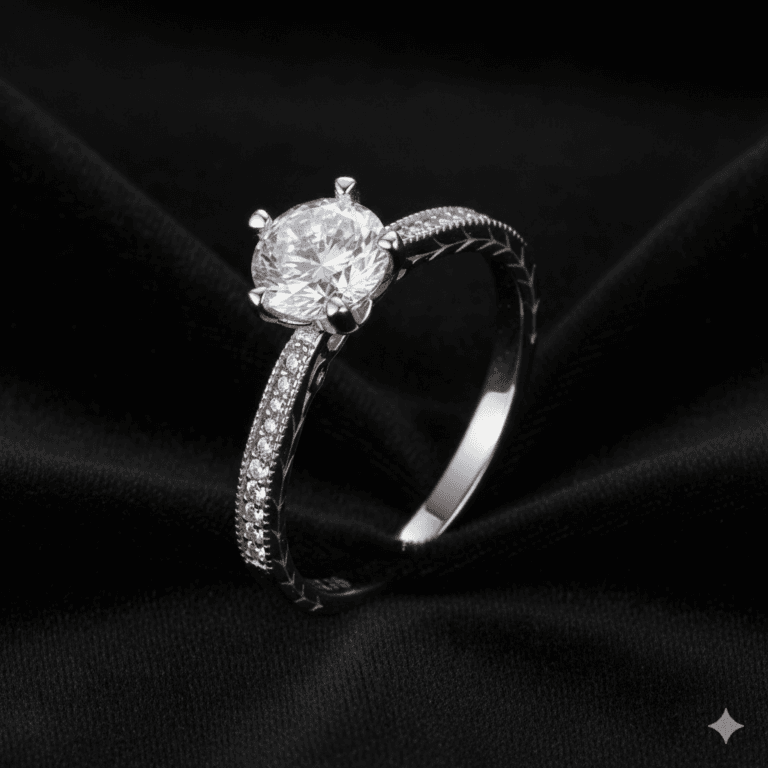 Luminous pavé solitaire ring in 925 sterling silver: round lab-created centre stone on four prongs, filigree gallery and pavé band