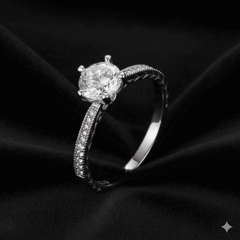 Luminous pavé solitaire ring in 925 sterling silver: round lab-created centre stone on four prongs, filigree gallery and pavé band