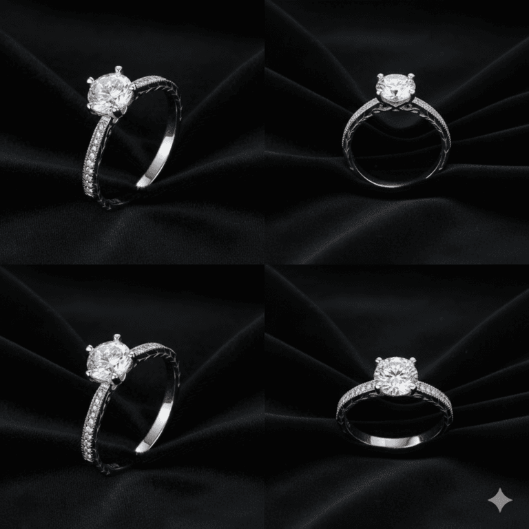 Luminous pavé solitaire ring in 925 sterling silver: round lab-created centre stone on four prongs, filigree gallery and pavé band (view 4)