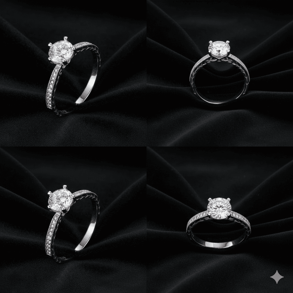 Luminous pavé solitaire ring in 925 sterling silver: round lab-created centre stone on four prongs, filigree gallery and pavé band (view 4)