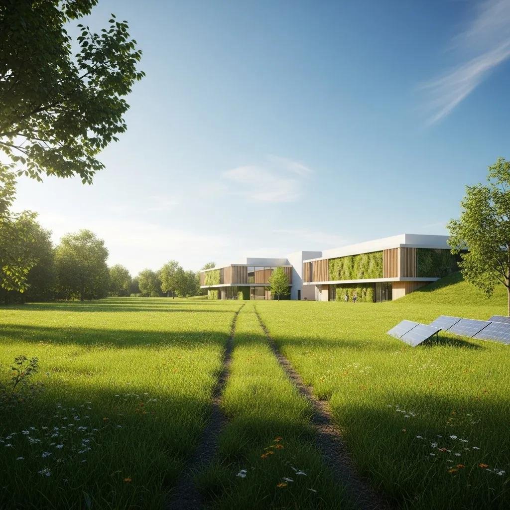 Lush green field with lab grown diamond facility in the background, showcasing environmental benefits