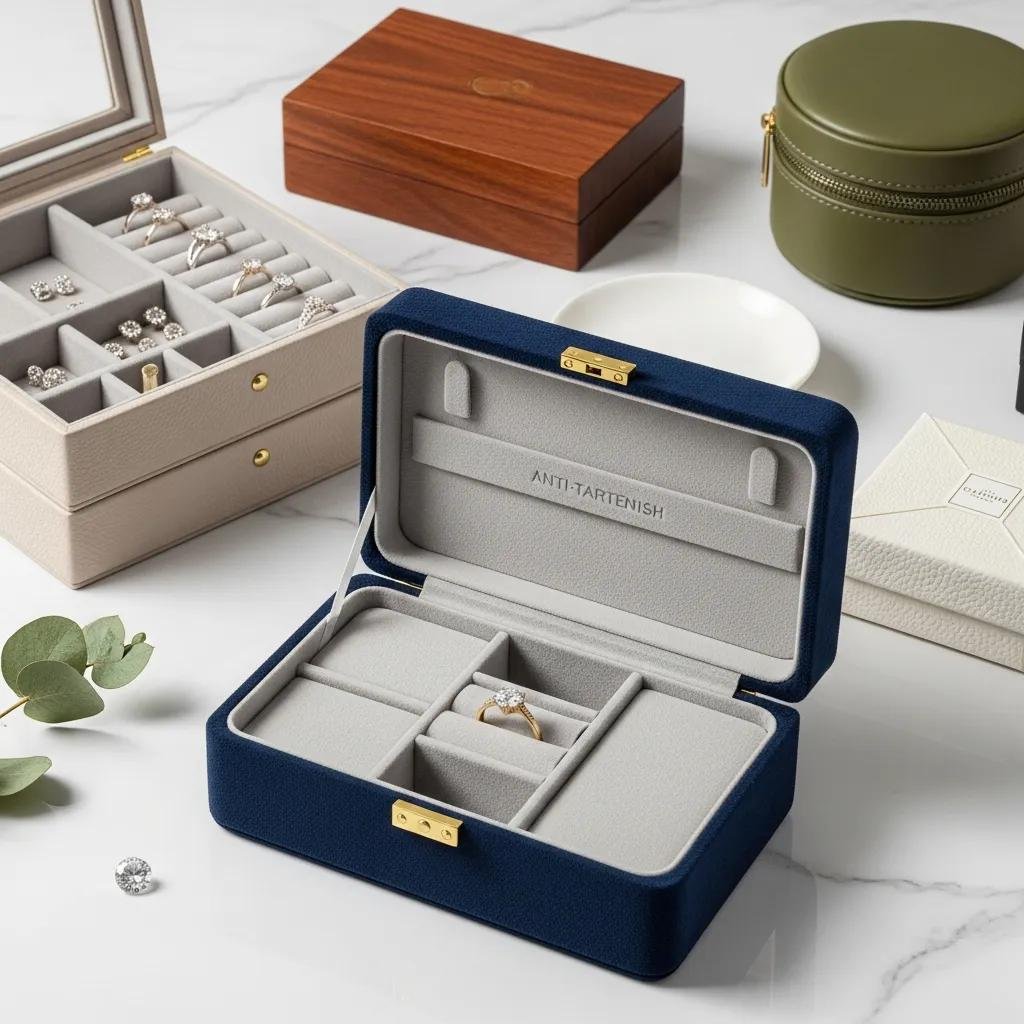 Luxury jewelry boxes and organizers for lab-grown diamonds, showcasing anti-tarnish features and compartments