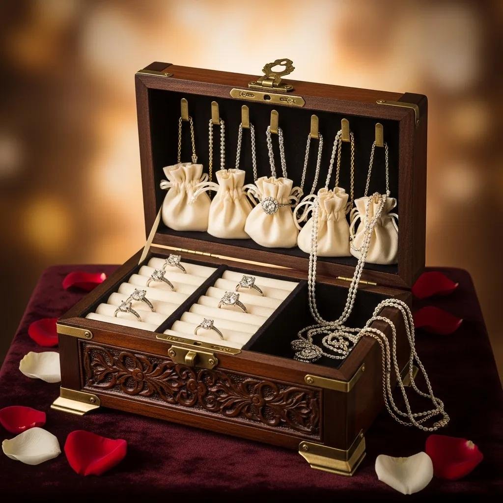 Organized jewelry box with diamond rings and necklaces in soft pouches
