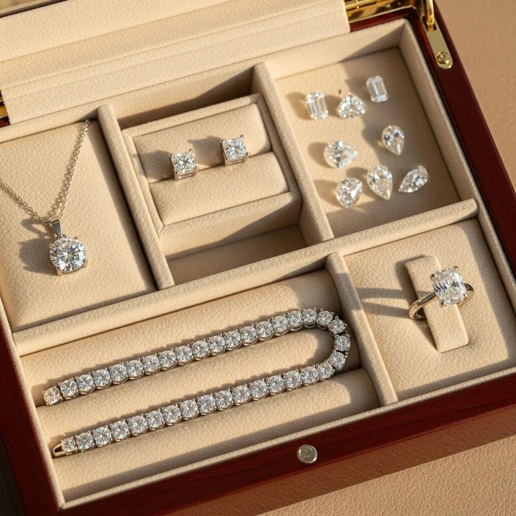 Organized jewelry box with lab diamond pieces stored safely in separate compartments