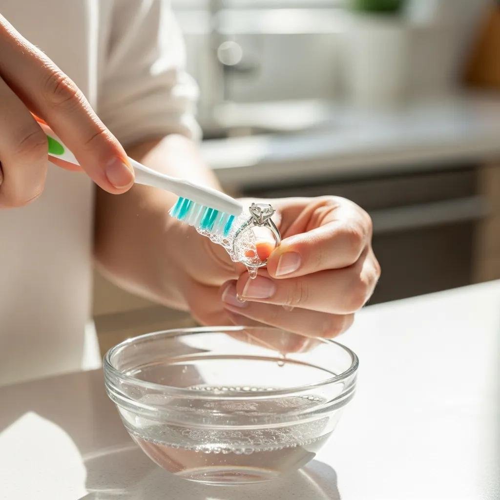 Person cleaning a diamond ring with a toothbrush, demonstrating effective home cleaning methods