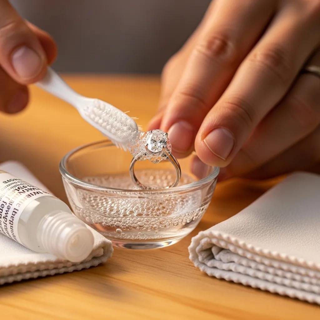 Person cleaning a lab-grown diamond engagement ring with a toothbrush and soapy water