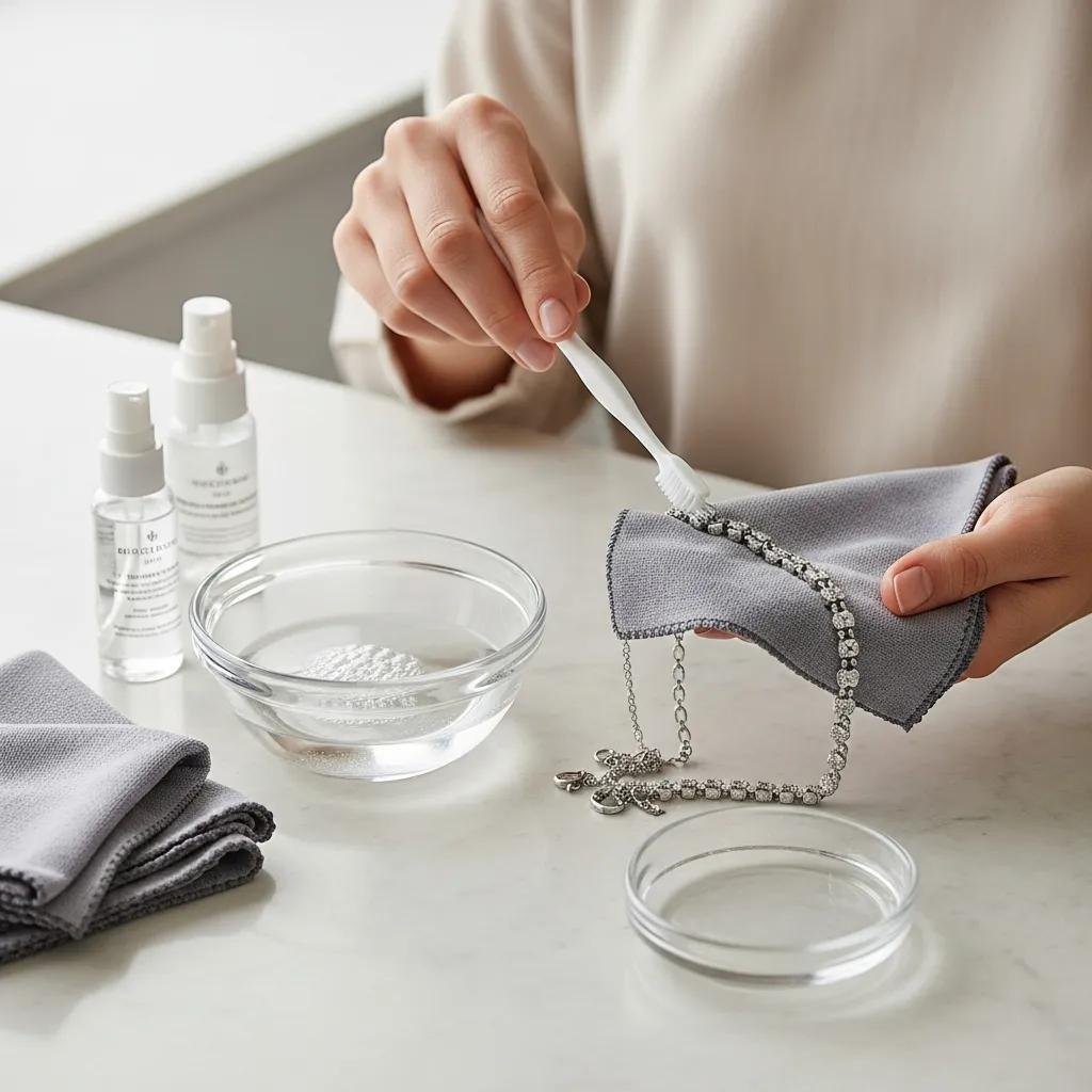 Person cleaning a lab-grown diamond necklace with soap and a toothbrush on a countertop