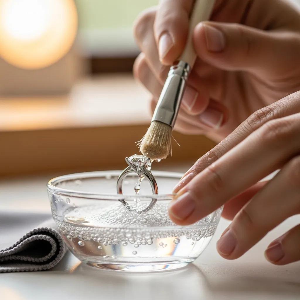 Person cleaning a lab-grown diamond ring with a soft brush and soapy water