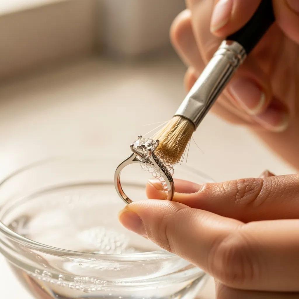 Person cleaning a lab-grown diamond ring with a soft brush and soapy water