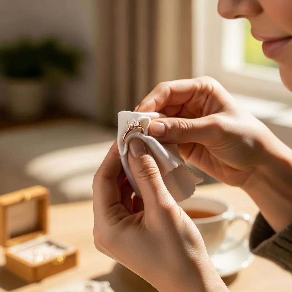Person cleaning a lab grown diamond ring with a soft cloth in a bright home setting
