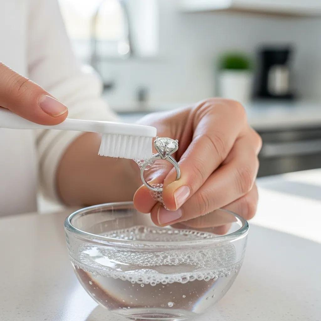 Person cleaning a lab-grown diamond ring with a toothbrush over soapy water, illustrating home care practices