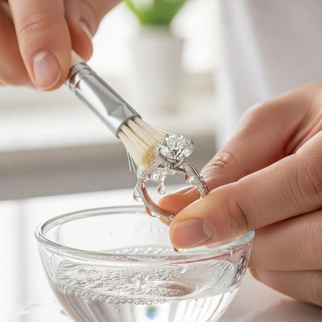 Person cleaning lab grown diamond ring with soft brush and soapy water