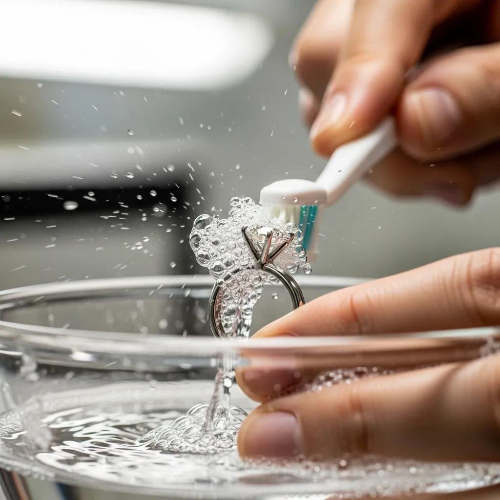 Person cleaning lab grown diamond ring with toothbrush in soapy water