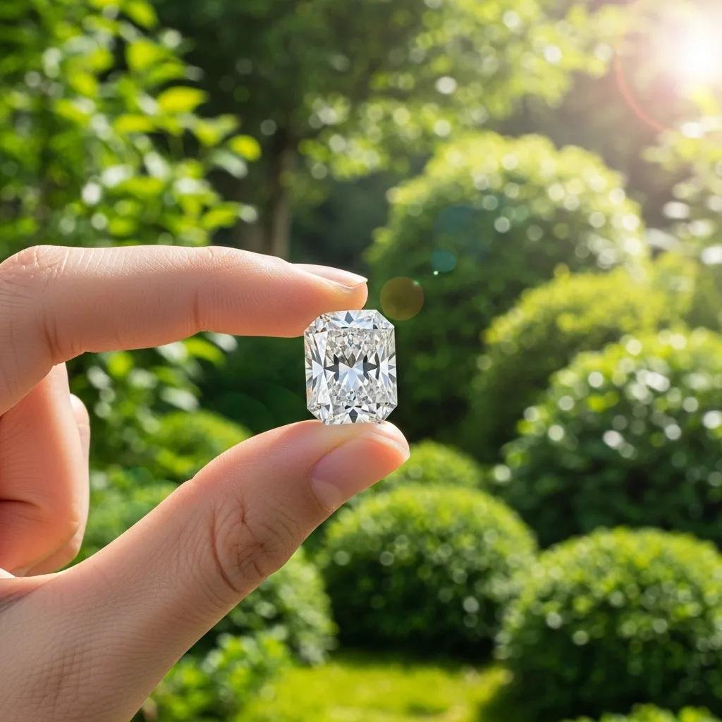 Person holding lab-grown diamond in a green setting, emphasizing sustainability
