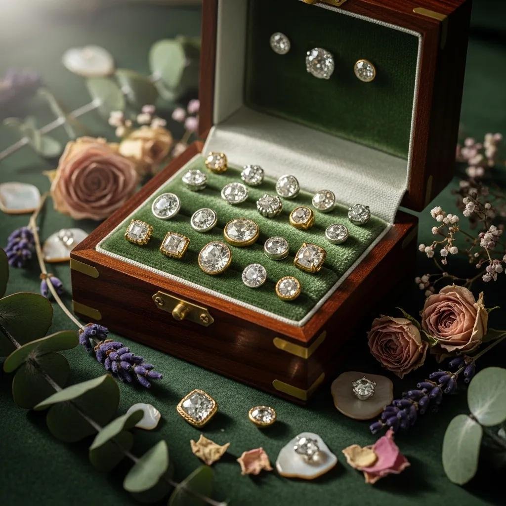 Recycled and vintage diamonds in an elegant jewelry box, symbolizing sustainability