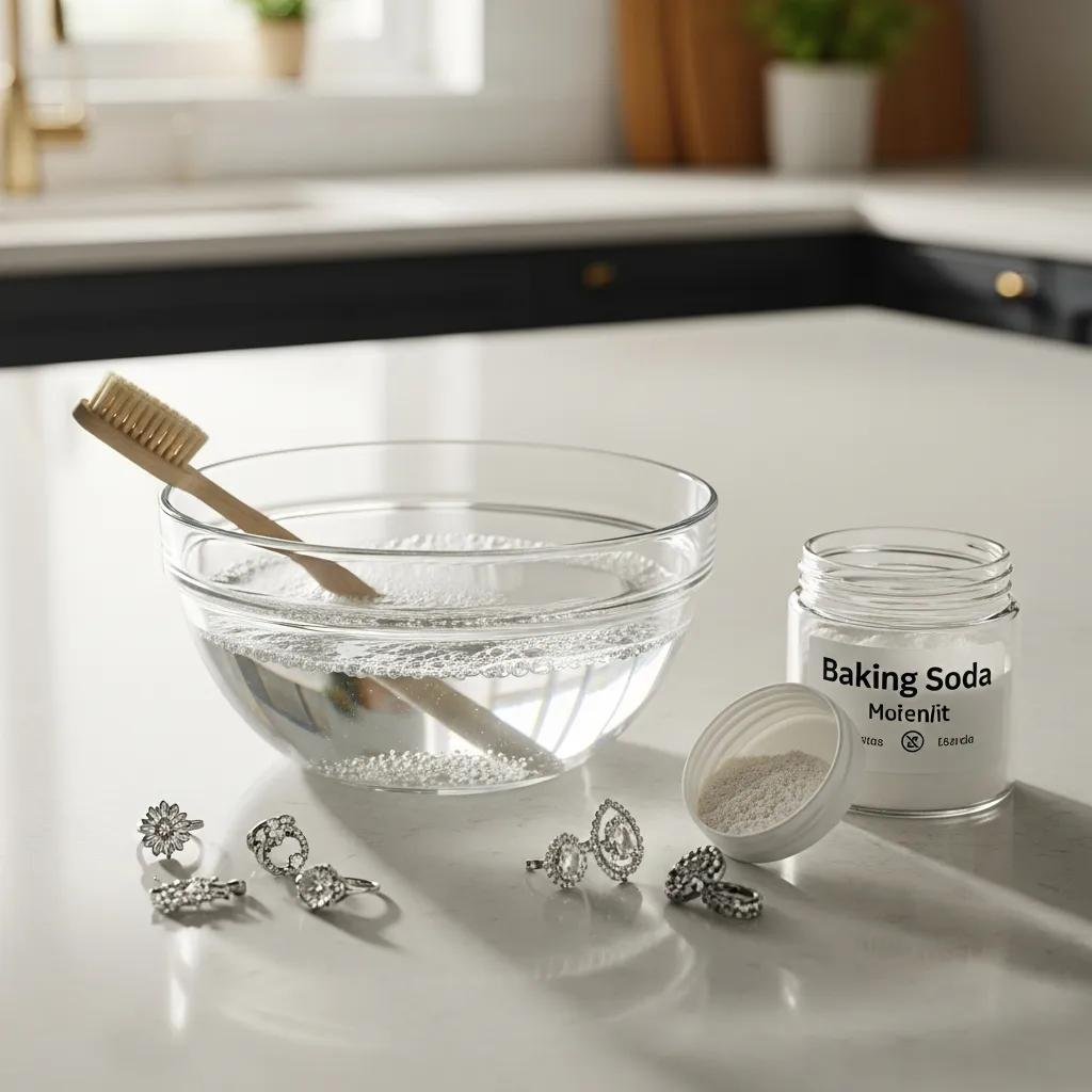 Safe at-home cleaning methods for diamond jewelry including mild dish soap, baking soda, and a soft brush