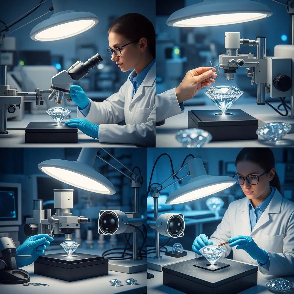 Scientists examining lab-grown diamonds in a laboratory, illustrating sustainable diamond production