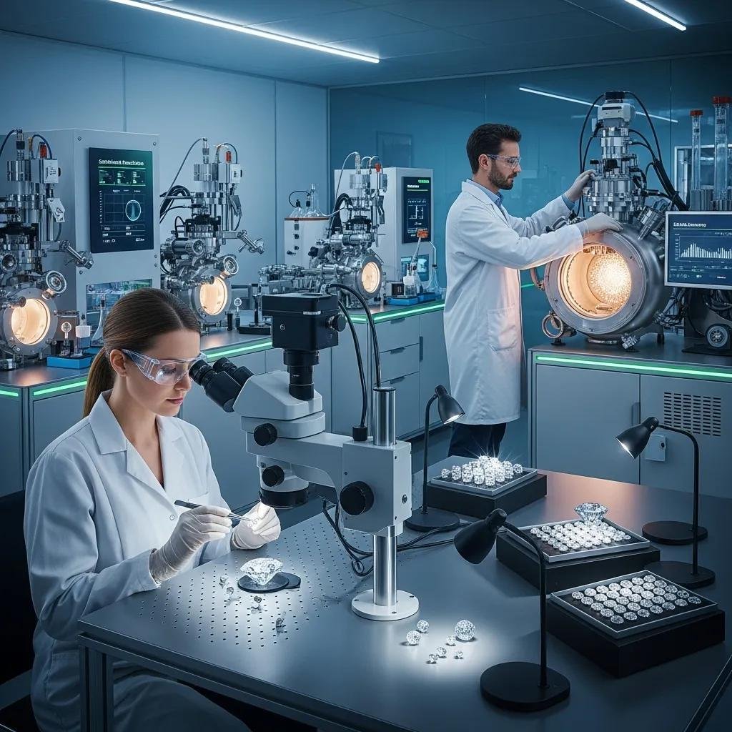 Scientists in a lab creating lab-grown diamonds, highlighting ethical innovation