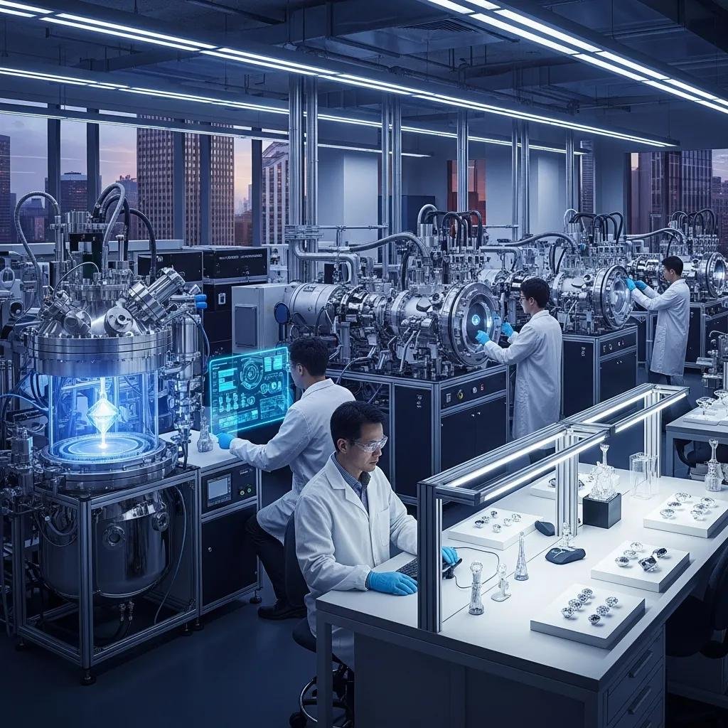 Scientists in a lab setting demonstrating the advanced technology used in lab-grown diamond production