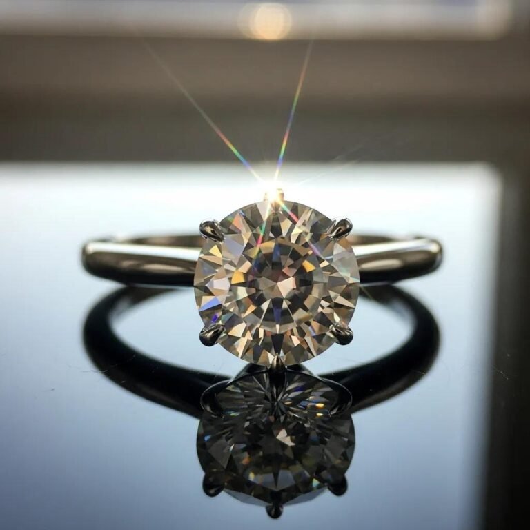 Sparkling lab-grown diamond ring on a reflective surface, highlighting innovation and sustainability in jewelry