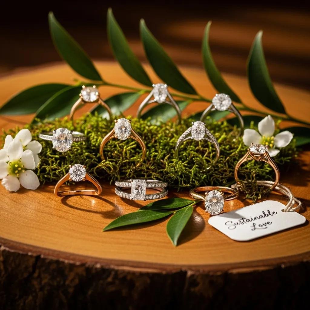 Sustainable engagement rings featuring ethical lab-grown diamonds and recycled gold on a wooden surface with natural elements