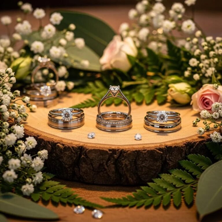 Sustainable wedding rings featuring lab-grown diamonds and recycled metals on a natural wooden surface with greenery