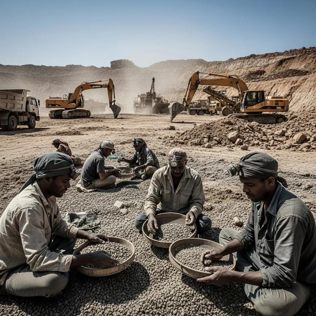 Workers in a traditional diamond mining site, depicting the ethical challenges of diamond extraction