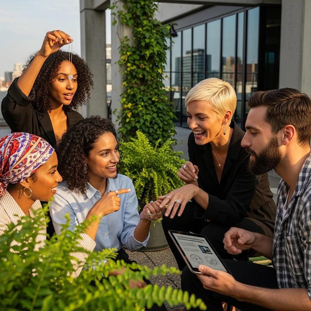 Young adults discussing lab grown diamond jewelry in an urban setting, highlighting sustainability and modern values