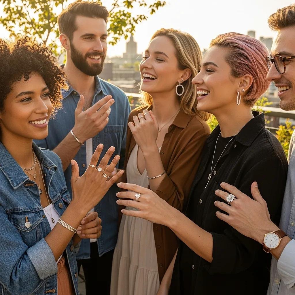 Young adults wearing sustainable jewelry made from lab-grown diamonds, showcasing modern ethical fashion